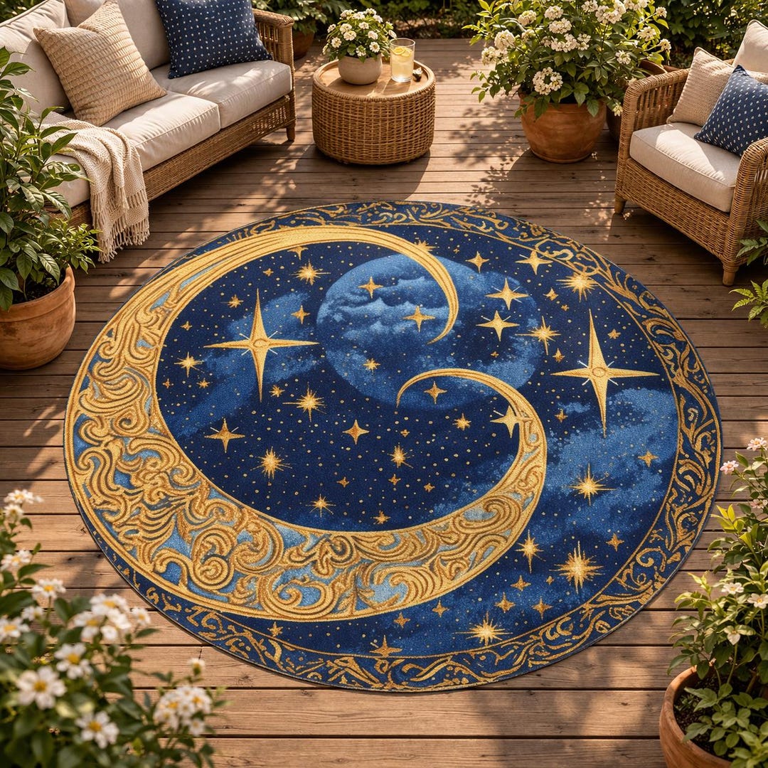 Celestial Rug | Moon and Stars Floor Decor | Round Polyester Carpet 60 ...