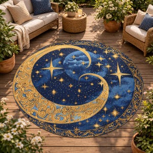 Celestial Rug | Moon and Stars Floor Decor | Round Polyester Carpet 60"x60" | Blue & Gold Room Aesthetics | Cosmic Art Deco Design