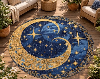 Celestial Rug | Moon and Stars Floor Decor | Round Polyester Carpet 60"x60" | Blue & Gold Room Aesthetics | Cosmic Art Deco Design