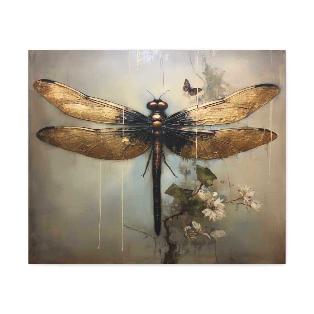 Gold Dragonfly Wall Painting Melancholic Room Aesthetics Mysterious Smoky Wall Decor Unique