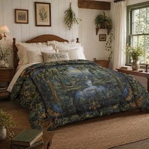May include: A bed with a wooden headboard and a comforter featuring a forest scene with a river. The comforter is primarily blue and green, with accents of yellow and brown. The room has a rustic, cozy feel with wooden furniture and framed artwork.