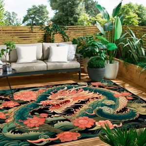 Dragon Rug For Outdoors Japanese Dragon Art Garden Decor For Basilisk Lovers Floral Dragon Floor Decor Suitable For Terrace Patio Balcony
