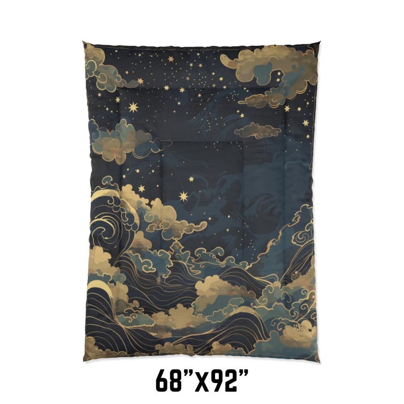 May include: A comforter with a celestial design. The comforter features a dark blue background with gold-colored clouds, waves, and stars. The comforter measures 68" x 92".