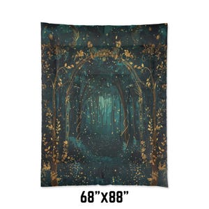 May include: A dark teal comforter with a forest scene. The design features a path through a forest with gold accents and a decorative archway. The comforter measures 68" x 88".