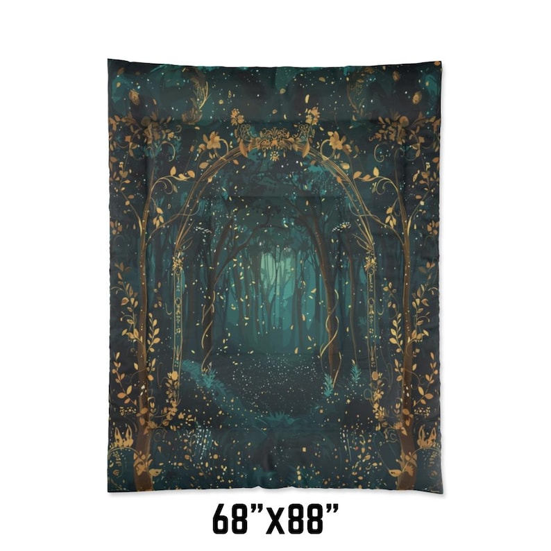 May include: A dark teal comforter with a forest scene. The design features a path through a forest with gold accents and a decorative archway. The comforter measures 68" x 88".