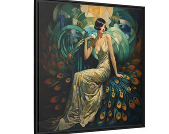 Art Deco Femme Fatale Painting  | Pinewood Frame | Matte Finish Canvas | Peacock Feathers Design | Roaring Twenties Art | Vintage Portrait