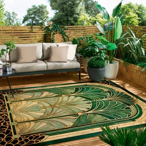 Art Deco Green Leaves Rug For Indoors And Outdoors Lush Green Garden Oasis Gold Floor Decor For Nature Lovers Silent Luxury Home Decoration