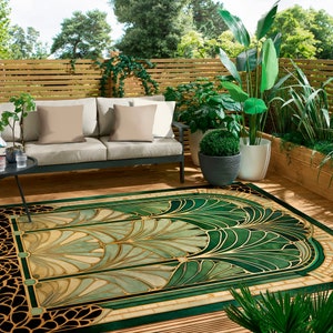 Art Deco Green Leaves Rug For Outdoors Lush Green Garden Oasis Gold Floor Decor For Nature Lovers Modern Decoration For Terrace And Patio