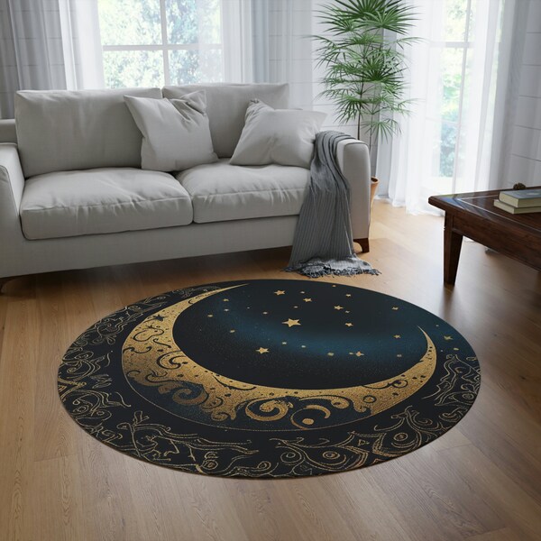 Round Moon Rug For Living Room Bohemian Chic Design Floor Decor For Moon and Star Lovers Magical Celestial Design Carpet Unique Designer Rug