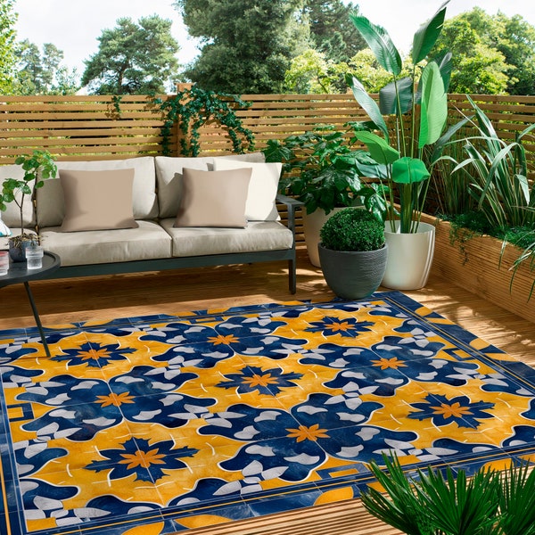 Vintage Authentic Rug For Indoors And Outdoors Rich Blue And Yellow Oriental Floor Decor For Moroccan Style Lovers Traditional Motifs Carpet