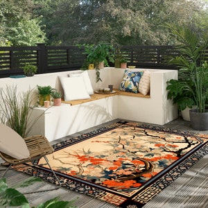 Japanese Floral Art Rug For Indoors And Outdoors Ethnic Blooming Floor Decor Traditional Iconic Japanese Aesthetics Nature Lover Carpet