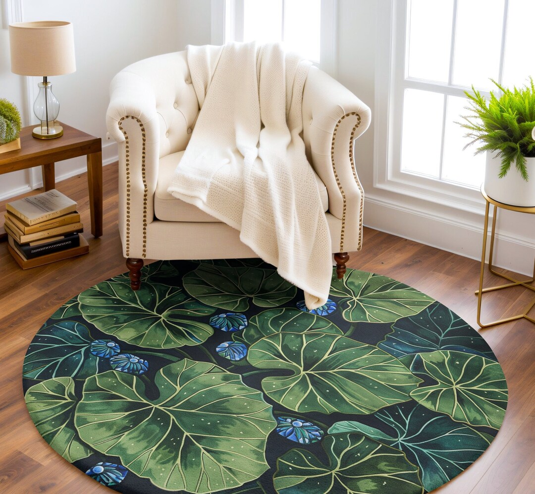 Round Green Leaves Rug for Indoors Art Deco Design Carpet for Nature ...