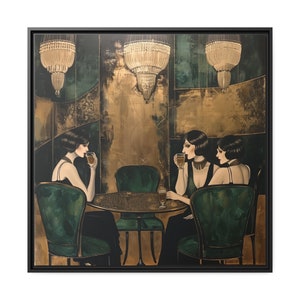 Art Deco Painting On Framed Matte Canvas For Bygone Era Lovers Women in Cocktail Party Painting Vintage Roaring Twenties Wall Hanging Decor