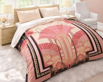 May include: A bed with a pink, black, and cream-colored comforter featuring an Art Deco design. The comforter is on a bed with cream-colored pillows and a white sheet. The bed is on a white fluffy rug.
