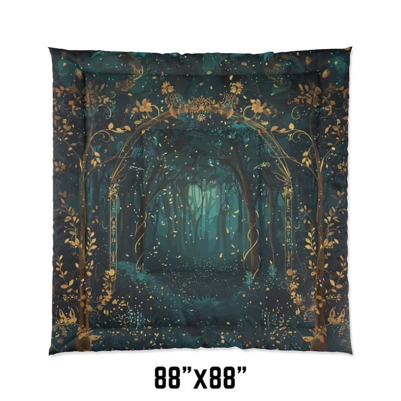 May include: A comforter featuring a forest scene with a pathway leading into the distance. The design includes gold-colored floral accents and an archway. The comforter measures 88" x 88".