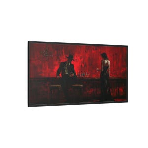 Noir Bar Painting For Dramatic Art Lovers Crimson Red Horizontal Wall Hanging Decor with Sharply Dressed Man and Elegant Woman in Black Gown