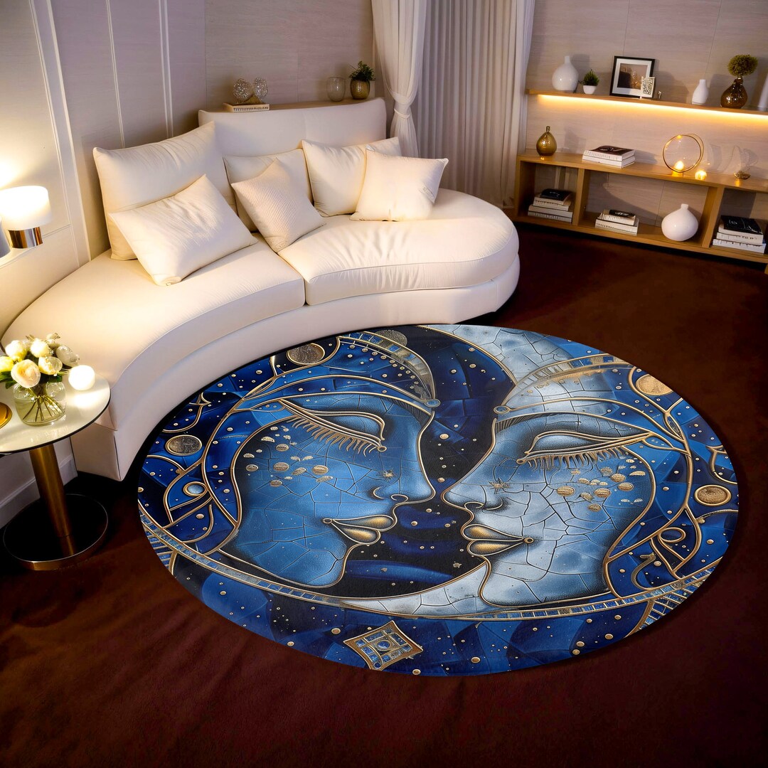 Round Gemini Rug for Horoscope Lovers Twin Faces Against Celestial ...
