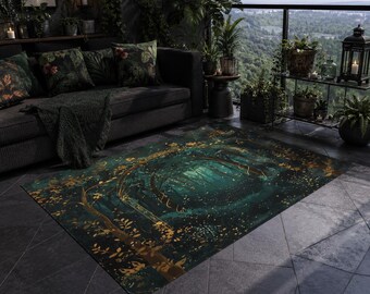 Magical Garden Rug For Outdoors | Rich Enchanted Forest Floor Decor | Ornamental Fantasy Forest Design | Patio, Balcony & Terrace Rug