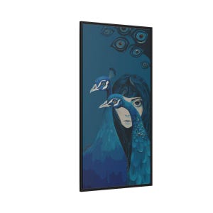 Peacock Girl Portrait On Framed Matte Canvas For Flat Illustration Art Lovers Surrealist Wall Decor With Peacocks In Sapphire And Teal Hues