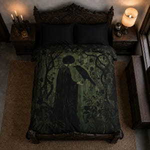 May include: A dark green and black duvet cover featuring a gothic illustration of a figure holding a raven in a forest setting. The bedding is on a dark wooden bed frame with black pillows. The room has dark wooden furniture and a rug.
