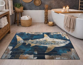 May include: A rectangular bath mat featuring a stylized shark design. The shark is primarily white and tan, with intricate patterns, set against a dark blue and brown background. The mat is designed for bathroom use.