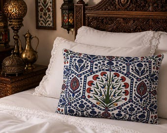 Ottoman Pillow Sham | Iconic Turkish Carnation Art | 100% Oeko-Tex Certified Cotton Pillowcase | Traditional Folk Style Floral Medallion