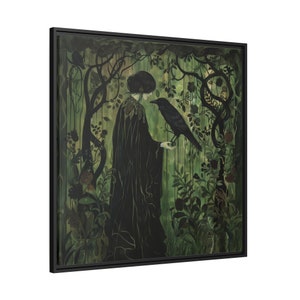 Raven Woman Painting On Framed Matte Canvas For Gothic Design Lovers Art Nouveau Style Woman Portrait In The Forest With A Regal Black Bird