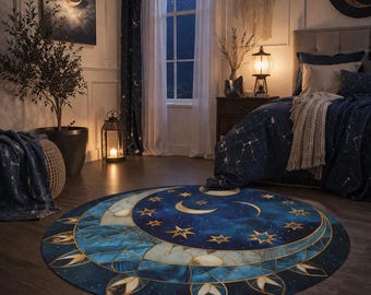 May include: A round rug with a celestial design featuring a crescent moon and stars in shades of blue and gold. The rug is placed in a bedroom with a matching comforter set, curtains, and wall art, creating a cohesive and themed space.