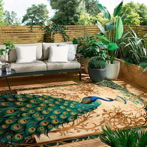 Gold Peacock Rug For Indoors And Outdoors Magnificent Peacock Floor Decor Elegant Exotic Bird Design Carpet Maximalist Home Aesthetics