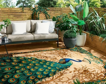 Gold Peacock Rug For Outdoors Magnificent Exotic Bird Floor Decor Quick Drying Breathable Carpet Suitable For Terrace Patio Deck And Balcony