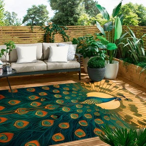 Peacock Rug For Indoors and Outdoors Unique Home Decor For Bird Lovers Affordable Designer Floor Decor Gold Peacock Maximalist Design Carpet