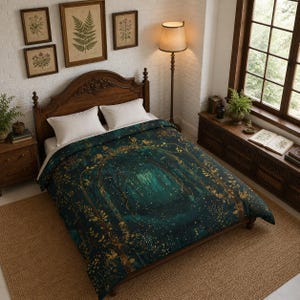 May include: A dark teal and gold comforter with a forest scene design. The bedding features a detailed illustration of a mystical forest with gold accents. The comforter is on a wooden bed frame, with framed botanical prints on the wall.