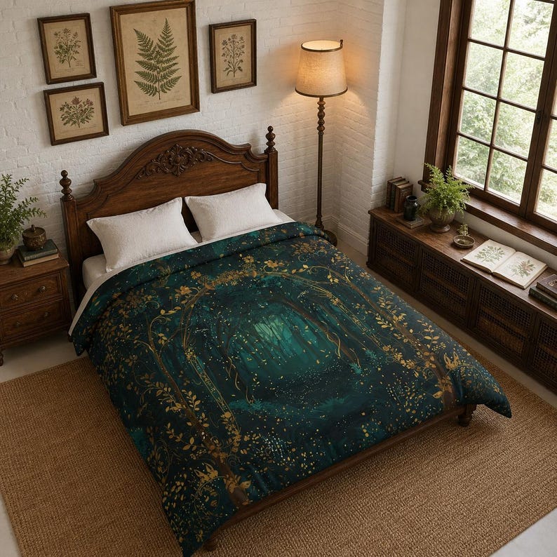 May include: A dark teal and gold comforter with a forest scene design. The bedding features a detailed illustration of a mystical forest with gold accents. The comforter is on a wooden bed frame, with framed botanical prints on the wall.