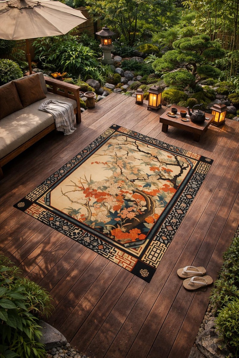 Japanese Pattern Rug Background Japanese Art Rug | Traditional Asian Floral Art Floor Decor | Quick ...