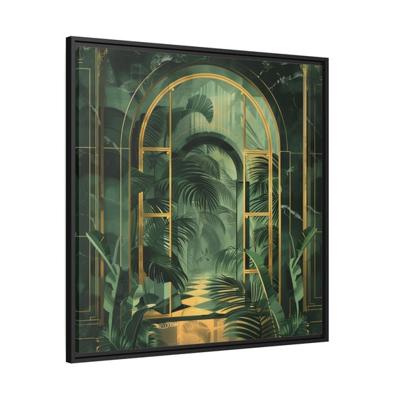 Art Deco Garden Painting On Framed Matte Canvas For Modern Design Lovers Gold Archway Wall Art With Lush Greenery Wall Hanging Decor