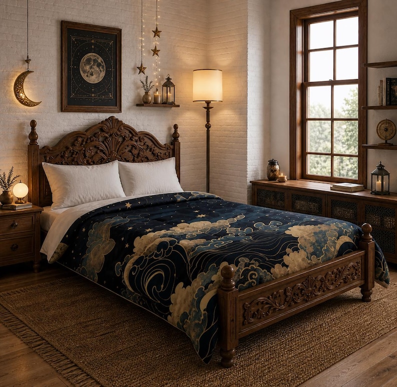 May include: A dark blue bedspread with a celestial design featuring clouds, stars, and waves. The bedspread is on a wooden bed frame with carved details. The room has a warm, inviting atmosphere with a moon-themed artwork and decorative lighting.