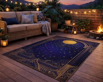 Celestial Rug For Outdoors | Art Deco Floor Decor | Surreal Sky Carpet With Magical Moon And Stars | Terrace And Patio Rug 60"x84"