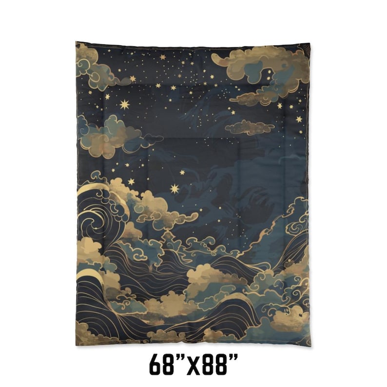 May include: A navy blue comforter with a celestial design featuring gold-toned clouds, stars, and stylized waves. The comforter measures 68" x 88".