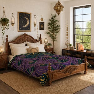 May include: A bedroom scene featuring a wooden bed with a carved headboard and footboard. The bed is covered with a purple, teal, and gold patterned comforter. Decorative wall art and lighting fixtures add to the room's ambiance.