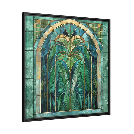 Art Deco Garden Painting On Framed Matte Canvas For Stained Glass Window Design Lovers Gold Archway Wall Art With Lush Greenery Wall Decor