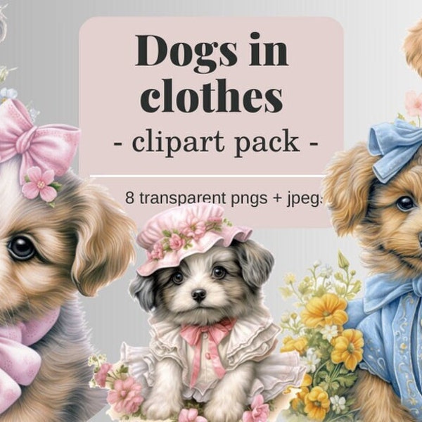 Watercolor Dogs in clothes Clipart Pack, Digital Puppy Clipart, Transparent PNGs, Nursery Clipart, Wall Art, Little Dog, Cute Puppy