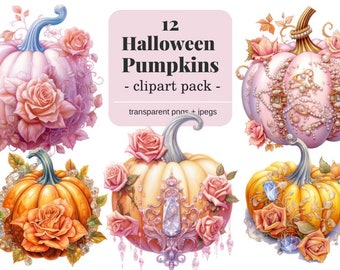Pacchetto clipart di zucche di Halloween ad acquerello, zucca rosa PNG (download digitale)