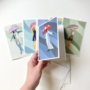 Cartes de voeux Mushroom Girls - imprimées sur 4 x 6 po. sur du papier d'art Aurora blanc de haute qualité, carte de voeux en papier cartonné, enveloppe incluse
