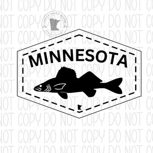 May include: A white hexagonal sticker with a black outline and a dashed border. The sticker features a black silhouette of a fish and the text "MINNESOTA".