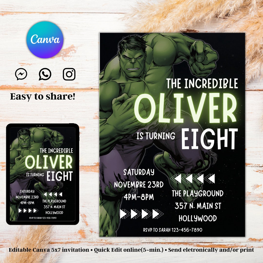 Editable Hulk Birthday Invitation the Hulk Birthday Etsy