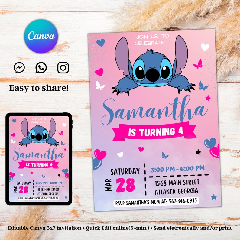 Editable Stitch Birthday Invitation Templete Printable Etsy Ireland