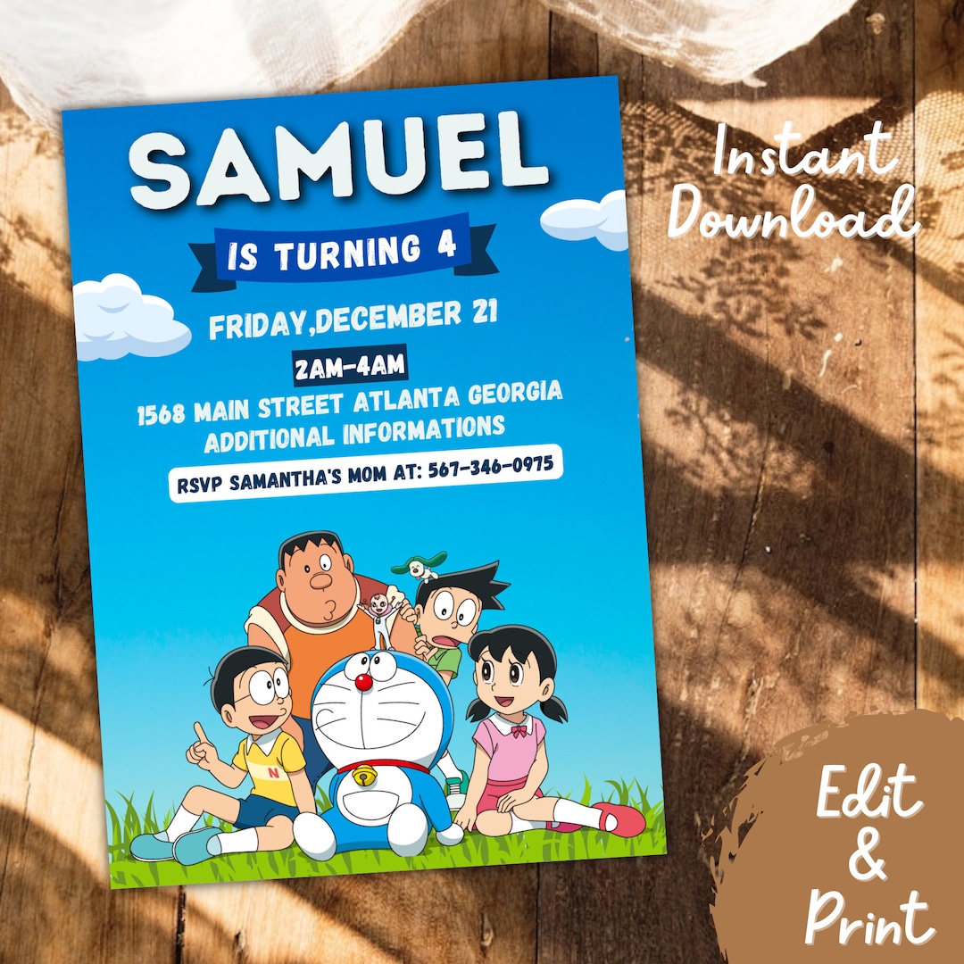 Editable Doraemon Birthday Invitation Templete Printable Etsy