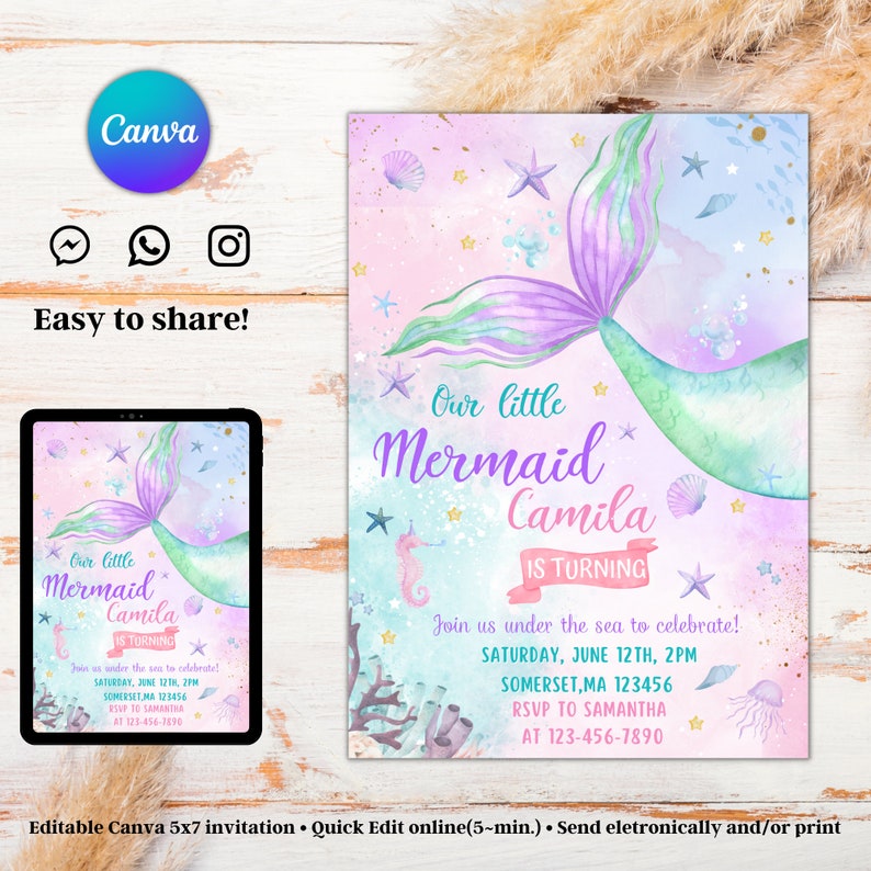 Editable Mermaid Birthday Invitation Templete Printable Etsy Canada
