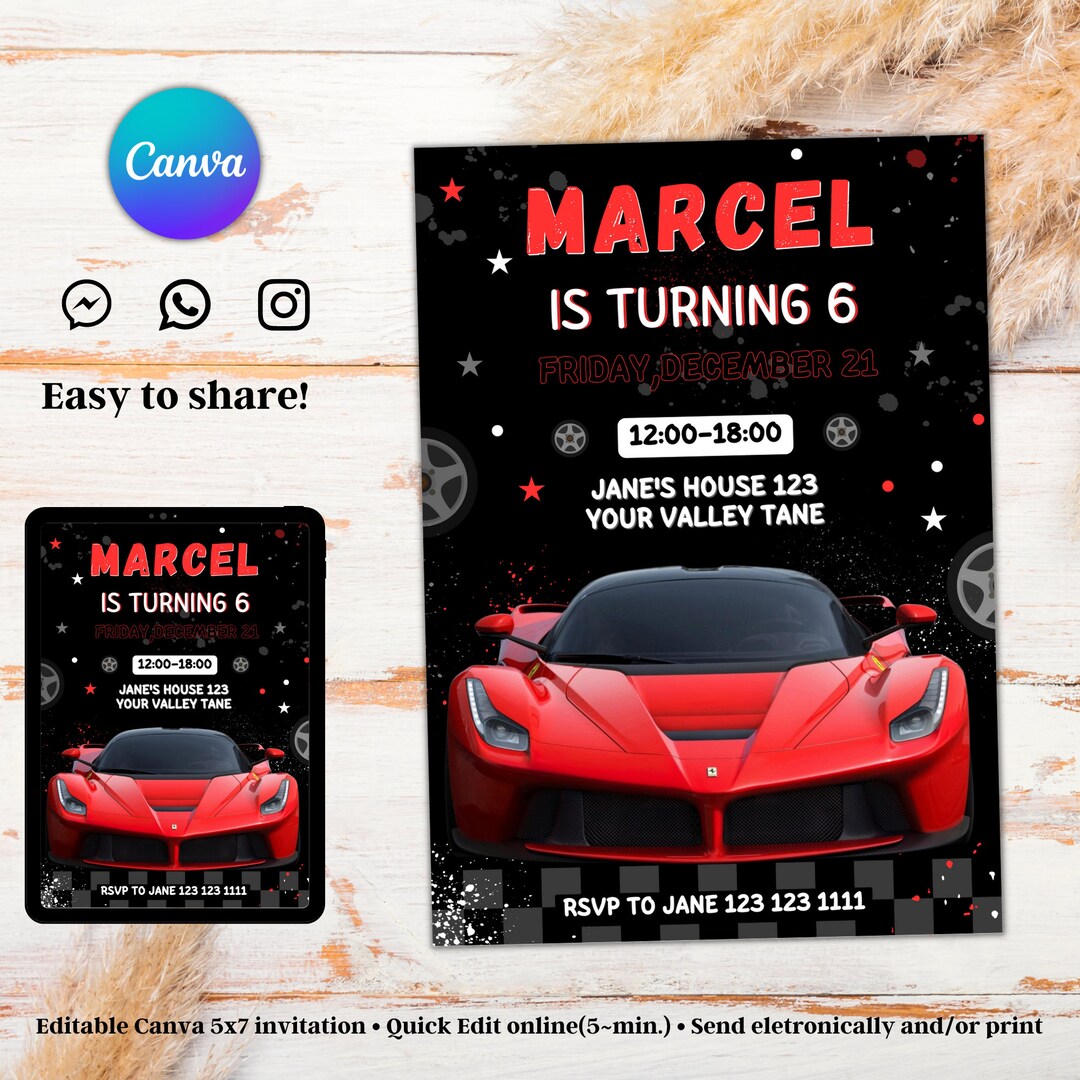 Editable Ferrari Birthday Invitation Templete Printable Etsy