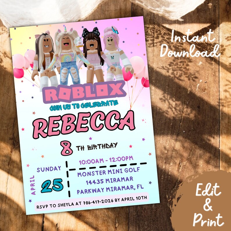 Editable Roblox Girl Birthday Invitation Templete Printable Etsy